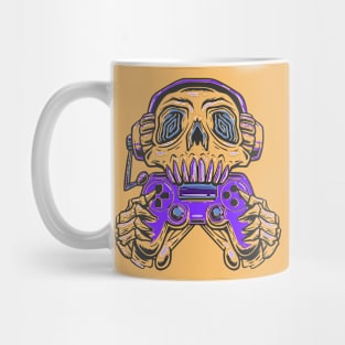 A skull gamer holding a  purple joystick controller and wearing headphone. Mug